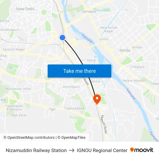 Nizamuddin Railway Station to IGNOU Regional Center map