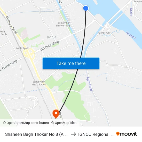 Shaheen Bagh Thokar No 8 (A F Enclave ) to IGNOU Regional Center map
