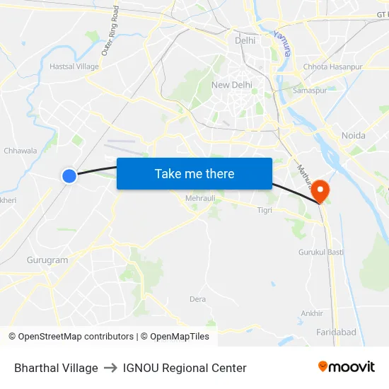 Bharthal Village to IGNOU Regional Center map