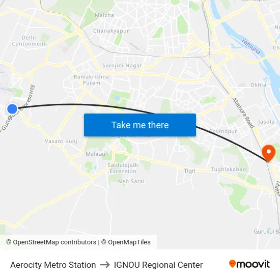 Aerocity Metro Station to IGNOU Regional Center map