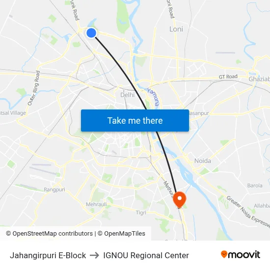 Jahangirpuri E-Block to IGNOU Regional Center map