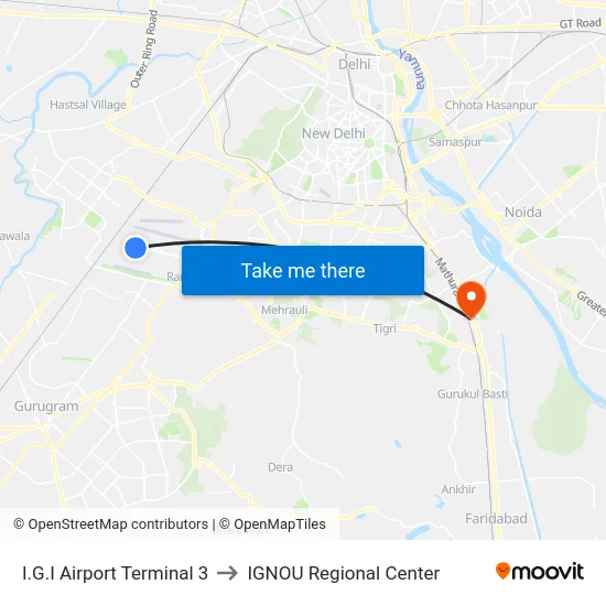 I.G.I Airport Terminal 3 to IGNOU Regional Center map