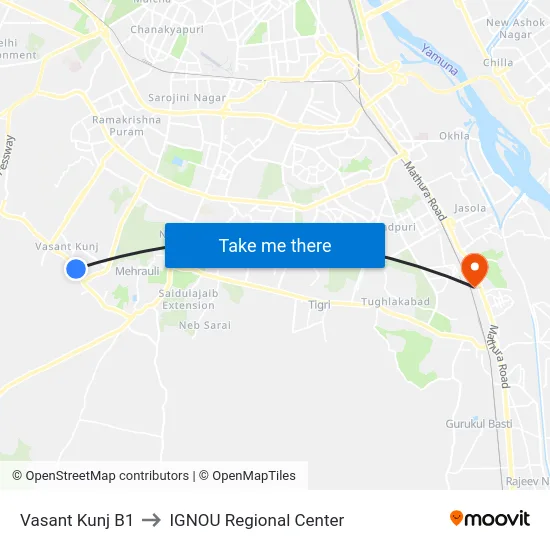 Vasant Kunj B1 to IGNOU Regional Center map