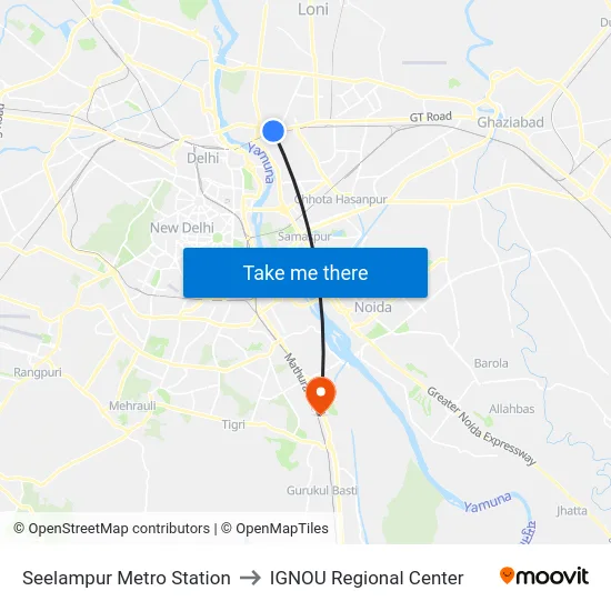 Seelampur Metro Station to IGNOU Regional Center map
