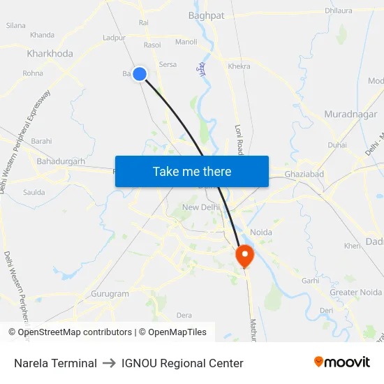 Narela Terminal to IGNOU Regional Center map