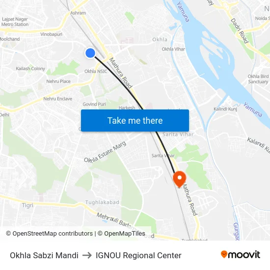 Okhla Sabzi Mandi to IGNOU Regional Center map