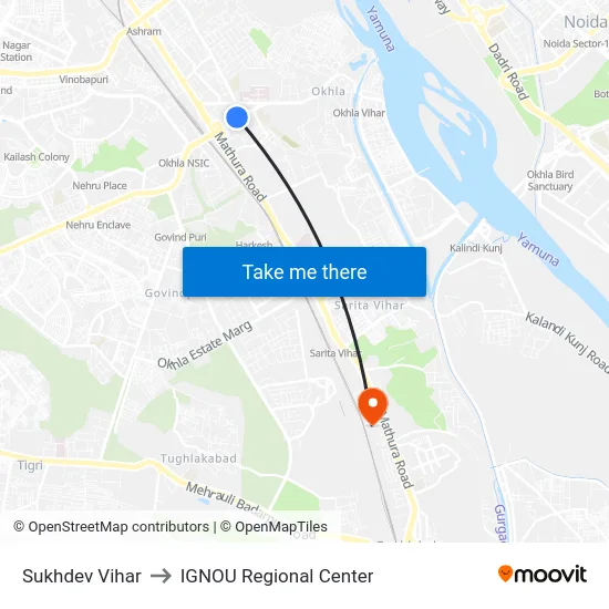 Sukhdev Vihar to IGNOU Regional Center map