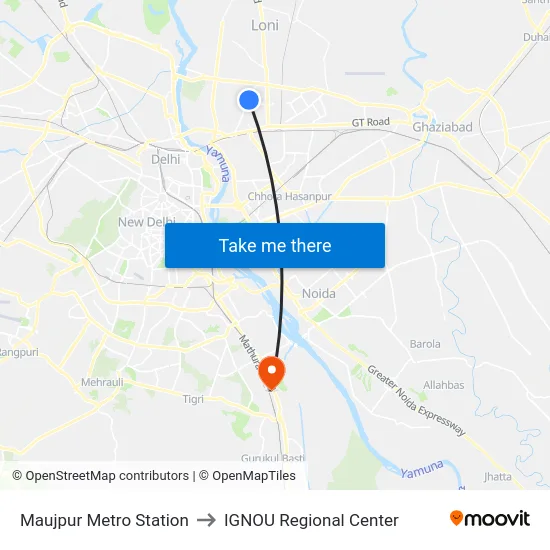 Maujpur Metro Station to IGNOU Regional Center map
