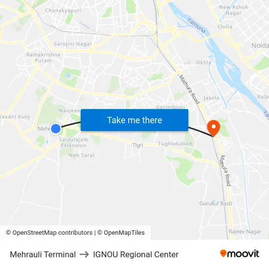 Mehrauli Terminal to IGNOU Regional Center map