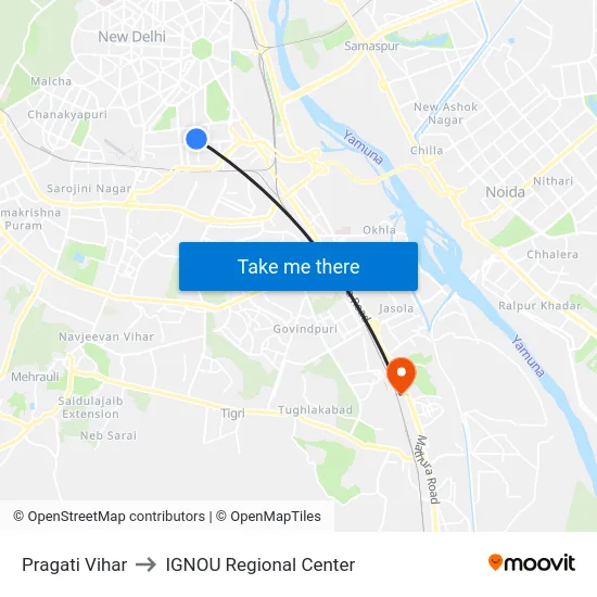 Pragati Vihar to IGNOU Regional Center map