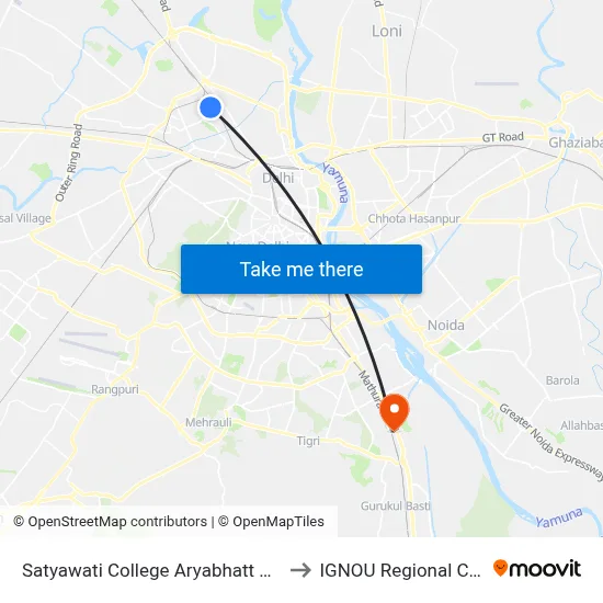 Satyawati College Aryabhatt Enclave to IGNOU Regional Center map
