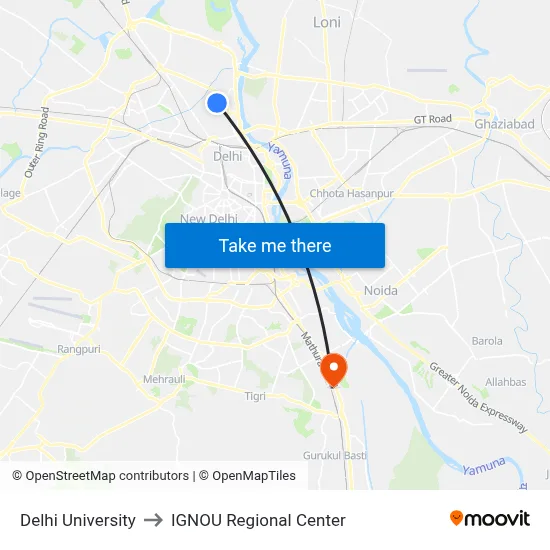 Delhi University to IGNOU Regional Center map