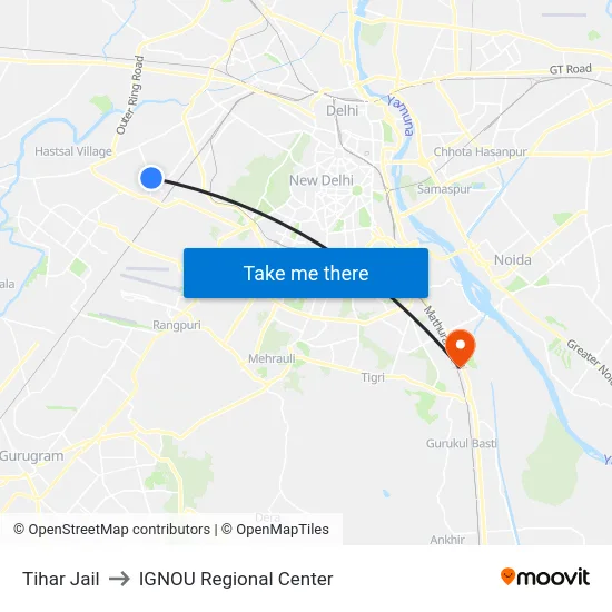 Tihar Jail to IGNOU Regional Center map