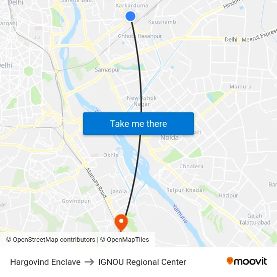 Hargovind Enclave to IGNOU Regional Center map