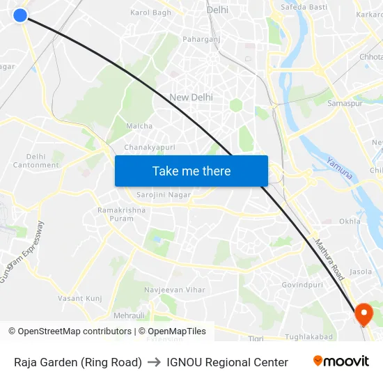 Raja Garden (Ring Road) to IGNOU Regional Center map