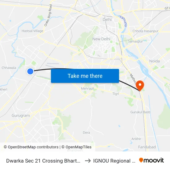 Dwarka Sec 21 Crossing Bharthal Chowk to IGNOU Regional Center map