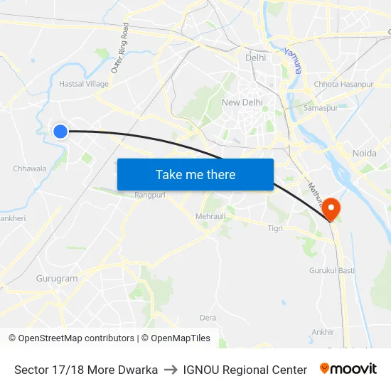 Sector 17/18 More Dwarka to IGNOU Regional Center map