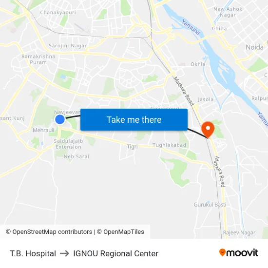T.B. Hospital to IGNOU Regional Center map