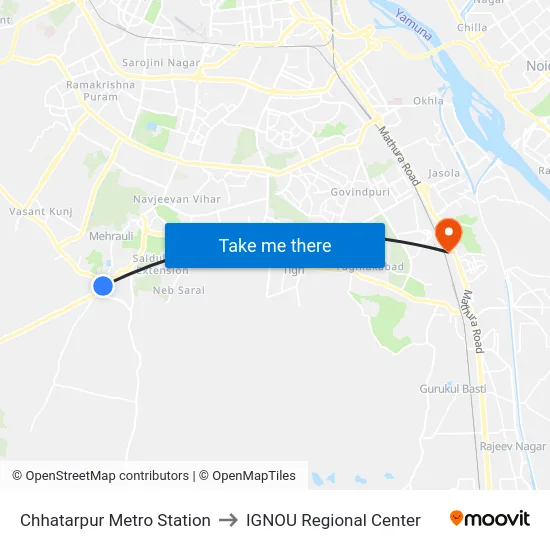 Chhatarpur Metro Station to IGNOU Regional Center map