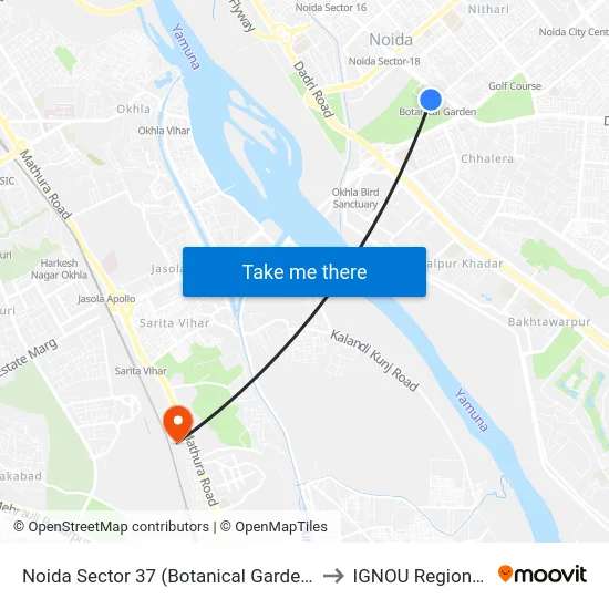 Noida Sector 37 (Botanical Garden Metro Station) to IGNOU Regional Center map