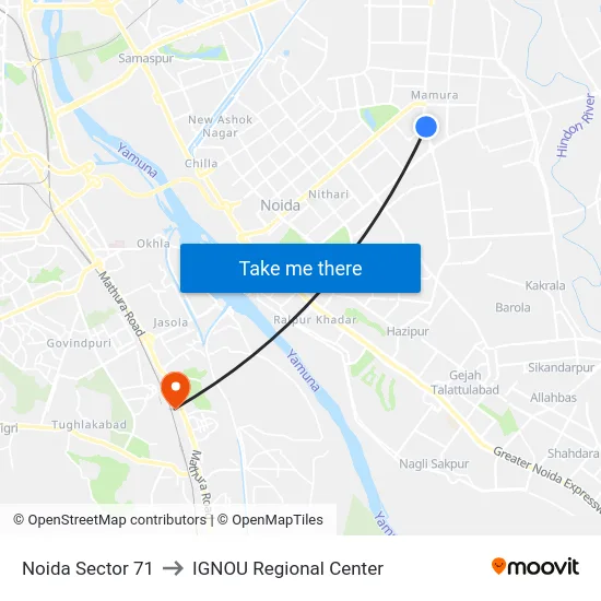Noida Sector 71 to IGNOU Regional Center map