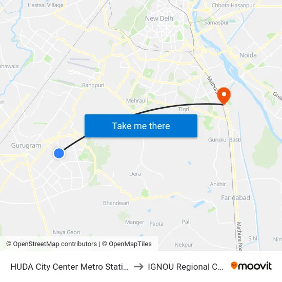 HUDA City Center Metro Station (B) to IGNOU Regional Center map