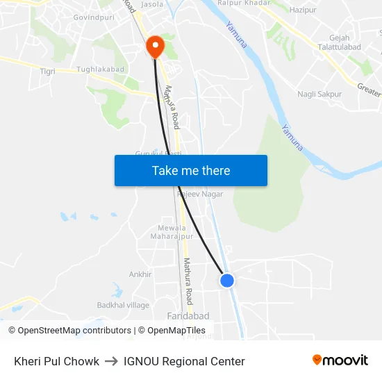 Kheri Pul Chowk to IGNOU Regional Center map