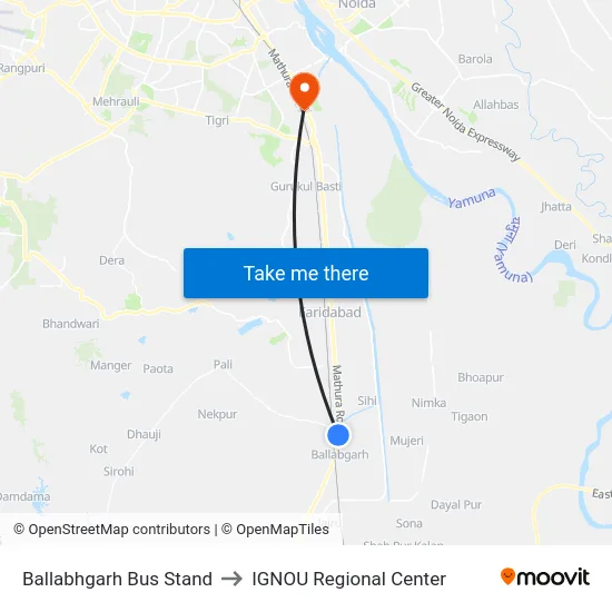 Ballabhgarh Bus Stand to IGNOU Regional Center map