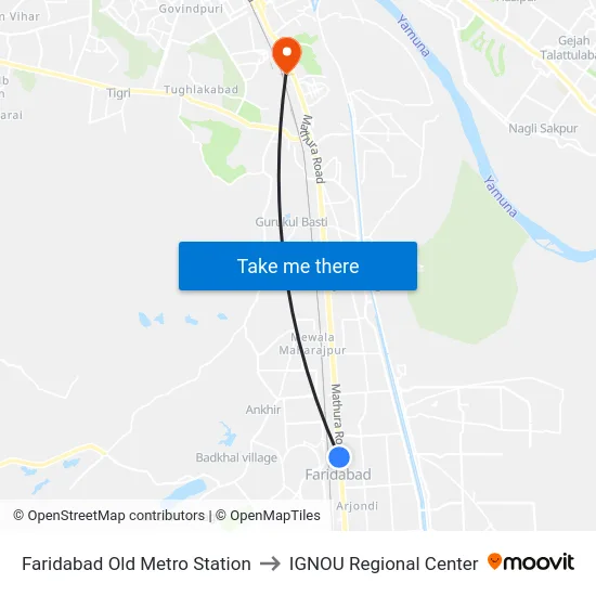 Faridabad Old Metro Station to IGNOU Regional Center map