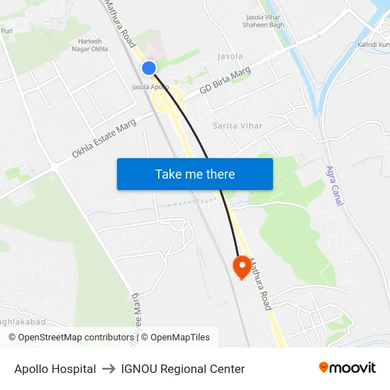 Apollo Hospital to IGNOU Regional Center map