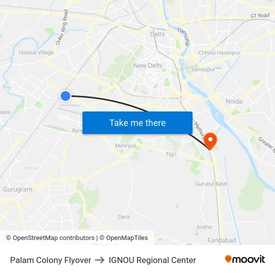 Palam Colony Flyover to IGNOU Regional Center map