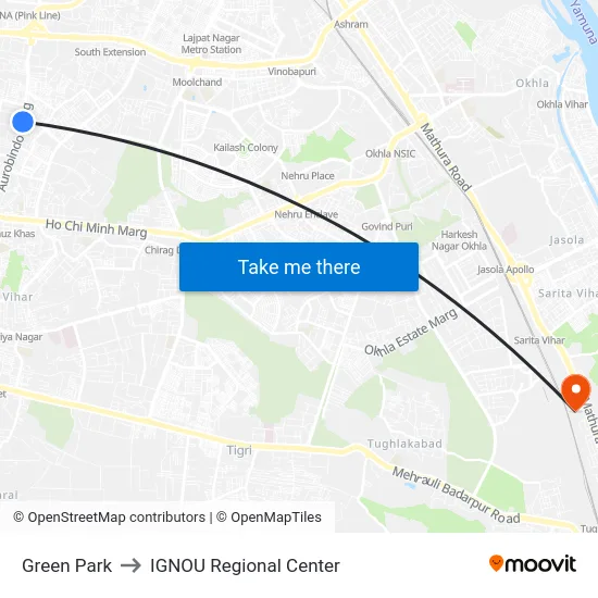 Green Park to IGNOU Regional Center map