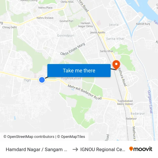 Hamdard Nagar / Sangam Vihar to IGNOU Regional Center map