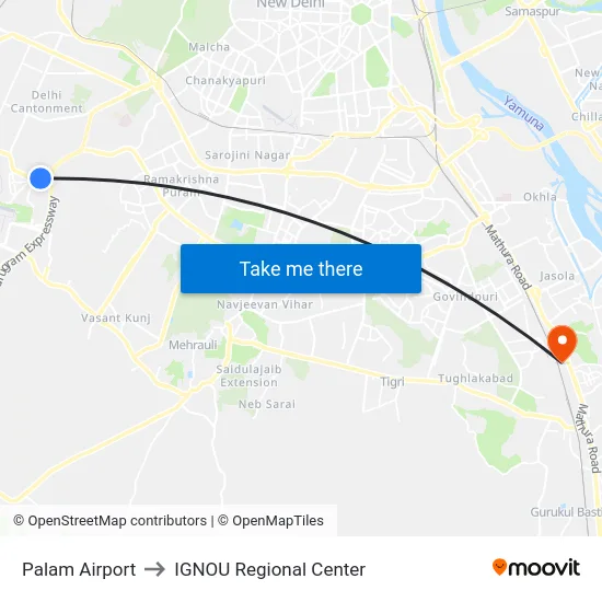 Palam Airport to IGNOU Regional Center map