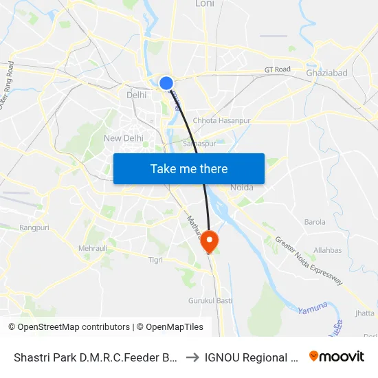 Shastri Park D.M.R.C.Feeder Bus Depot to IGNOU Regional Center map