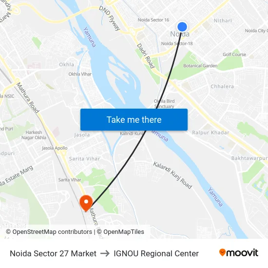 Noida Sector 27 Market to IGNOU Regional Center map