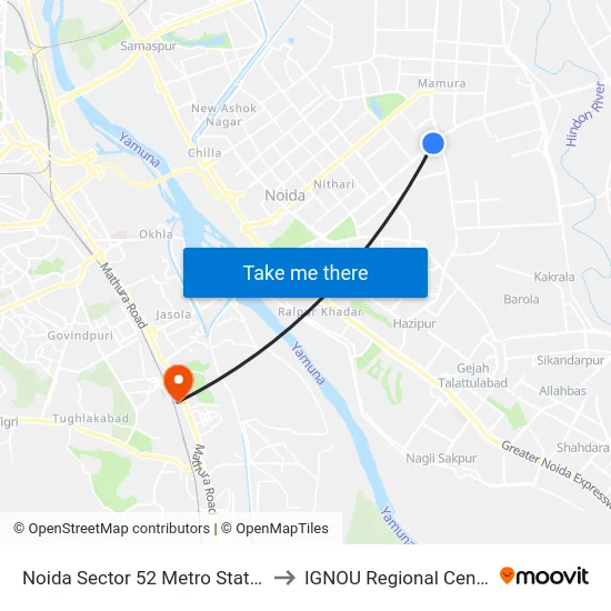 Noida Sector 52 Metro Station to IGNOU Regional Center map