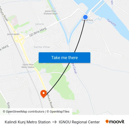 Kalindi Kunj Metro Station to IGNOU Regional Center map
