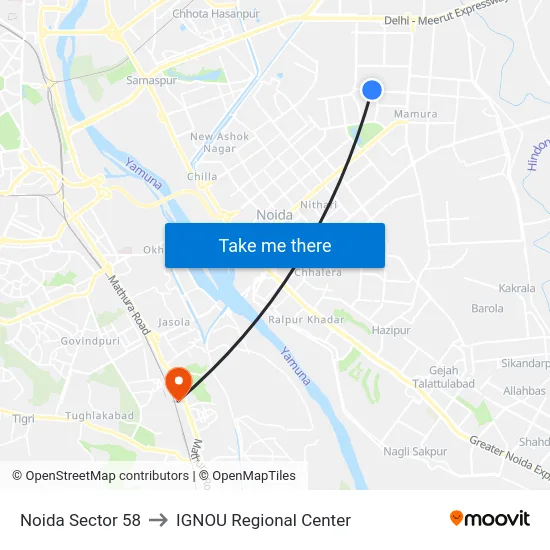Noida Sector 58 to IGNOU Regional Center map