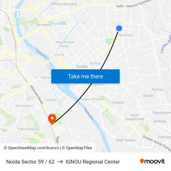 Noida Sector 59 / 62 to IGNOU Regional Center map