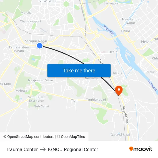 Trauma Center to IGNOU Regional Center map