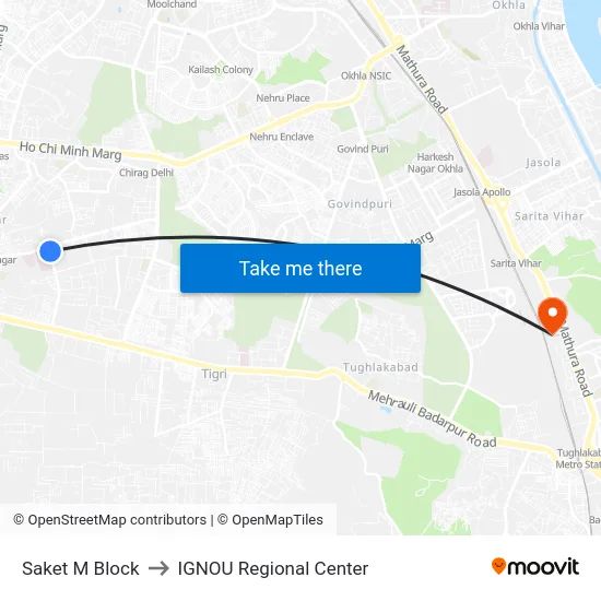 Saket M Block to IGNOU Regional Center map