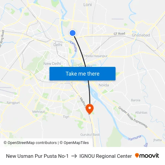 New Usman Pur Pusta No-1 to IGNOU Regional Center map