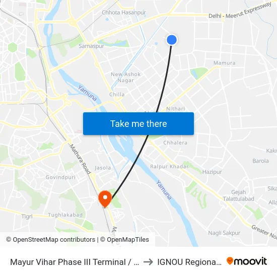 Mayur Vihar Phase III Terminal / Paper Market to IGNOU Regional Center map