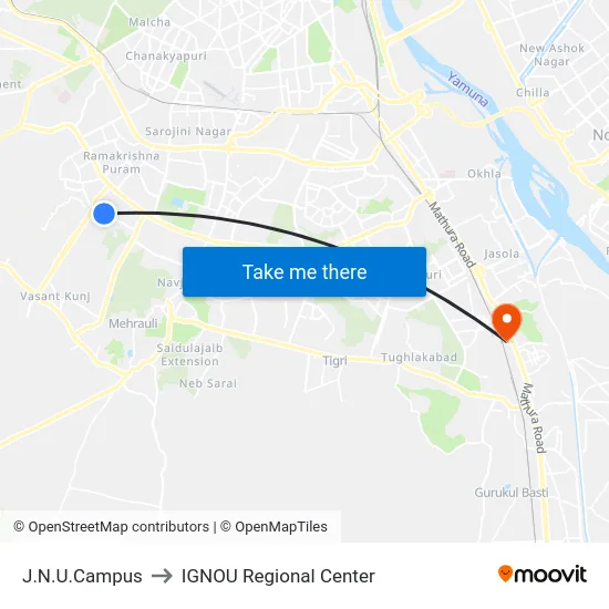 J.N.U.Campus to IGNOU Regional Center map