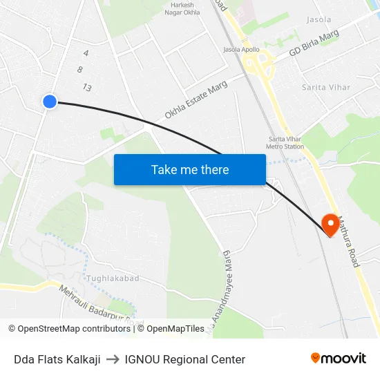 Dda Flats Kalkaji to IGNOU Regional Center map