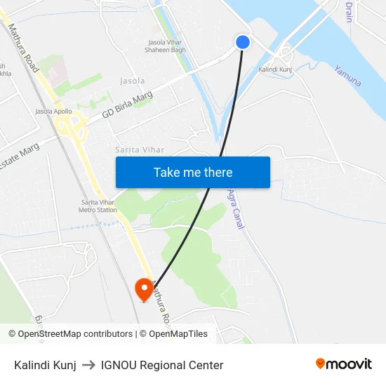 Kalindi Kunj to IGNOU Regional Center map