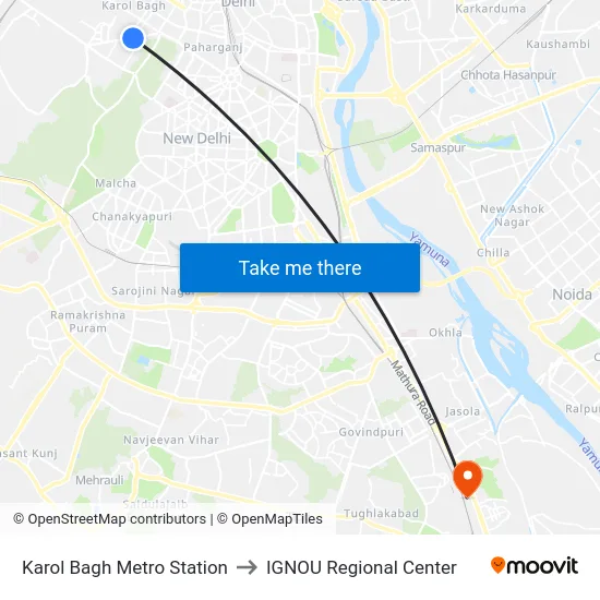 Karol Bagh Metro Station to IGNOU Regional Center map