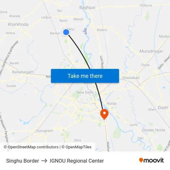 Singhu Border to IGNOU Regional Center map