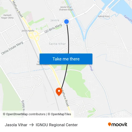 Jasola Vihar to IGNOU Regional Center map
